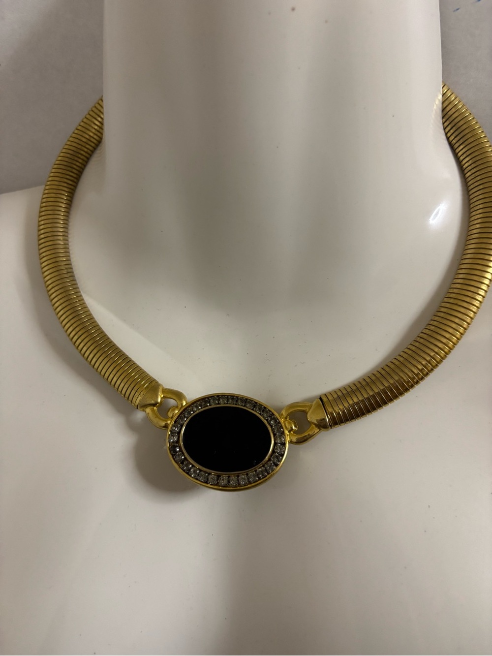 Gold Tone Black Oval Statement Necklace Rhinestone Accent Snake Chain Collar 18”